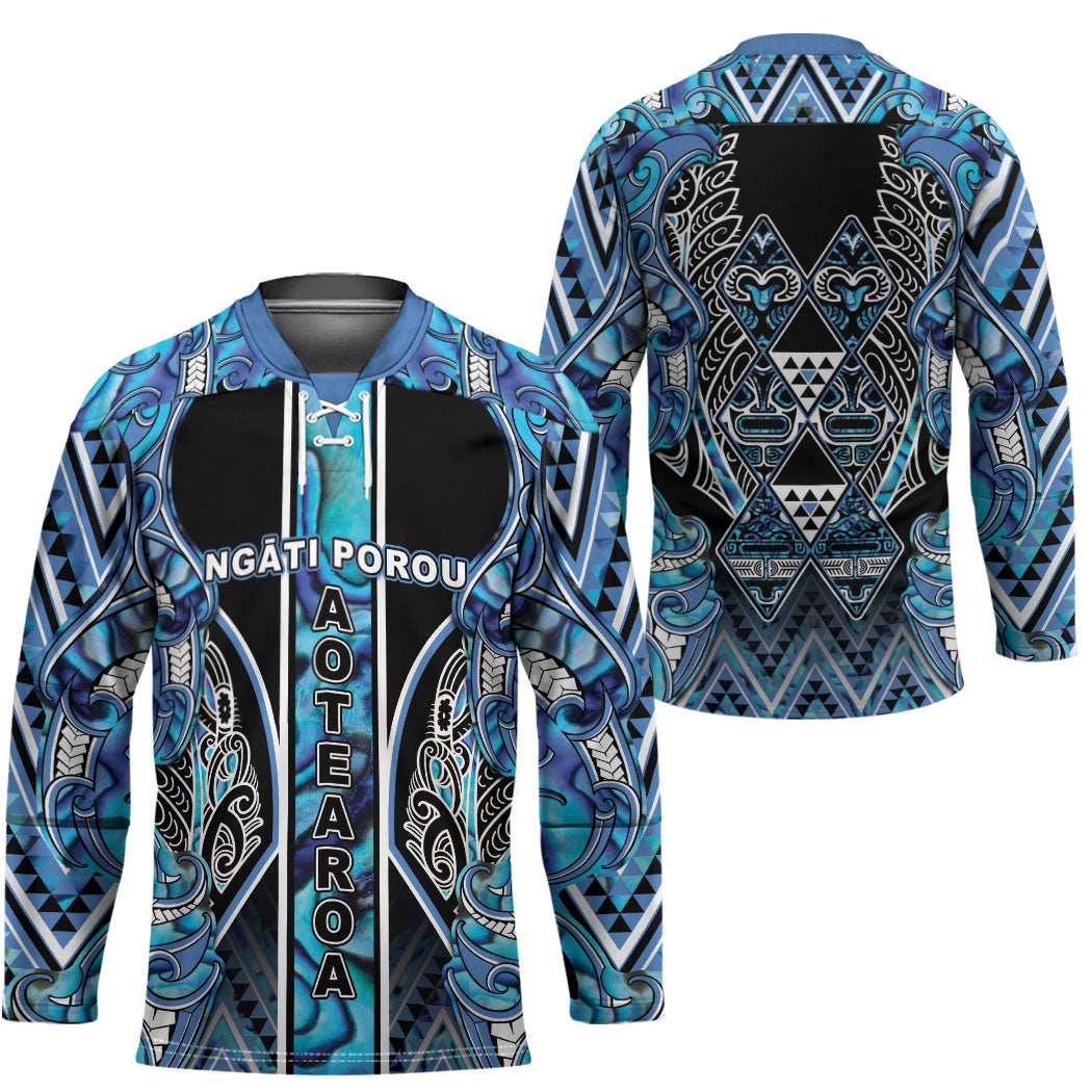 Aotearoa Ngati Porou Hockey Jersey Maori Light Blue Tribal Paua Shell Pattern DT05 - Polynesian Pride