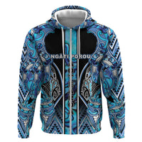 Aotearoa Ngati Porou Hoodie Maori Light Blue Tribal Paua Shell Pattern DT05 Zip Hoodie Blue - Polynesian Pride