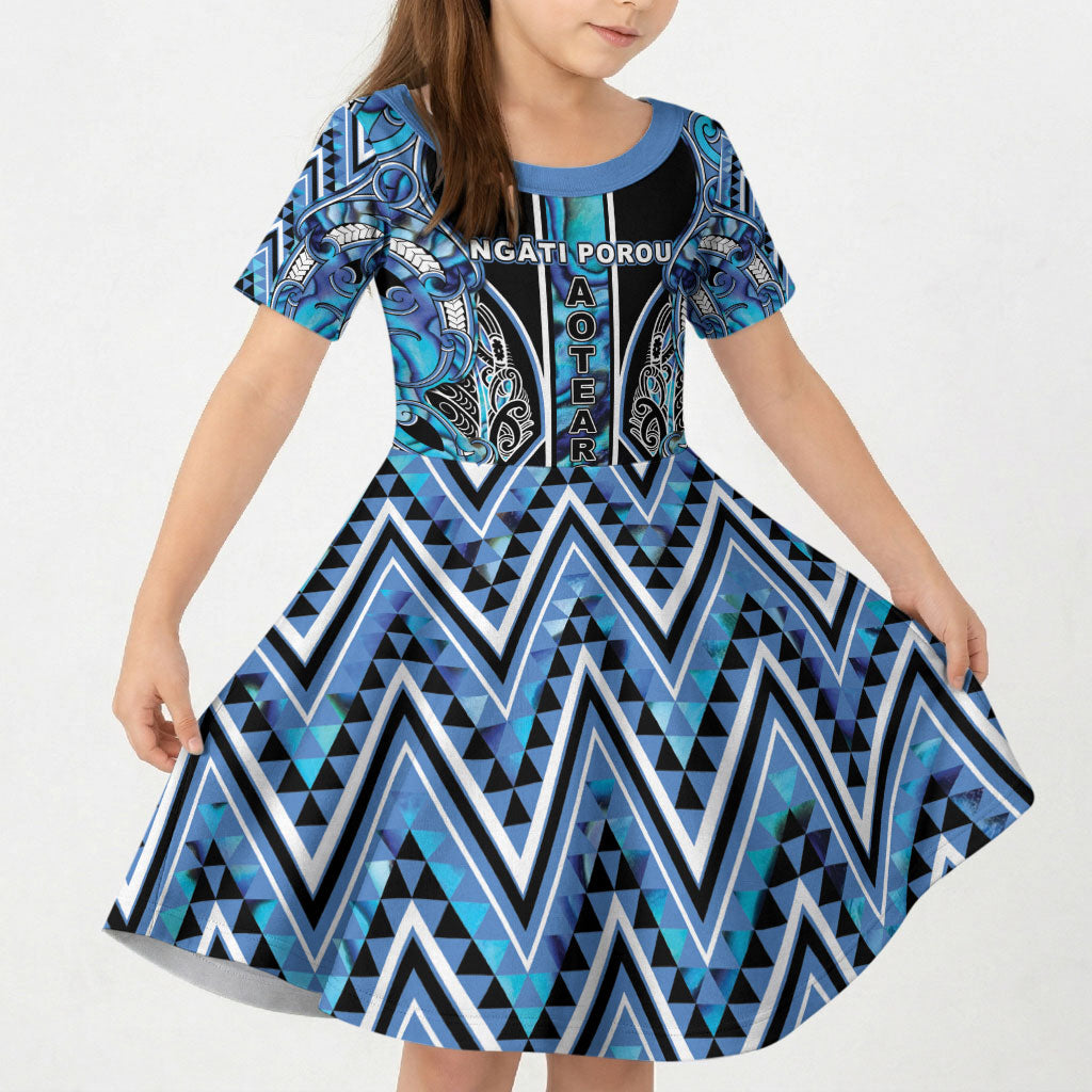 Aotearoa Ngati Porou Kid Short Sleeve Dress Maori Light Blue Tribal Paua Shell Pattern DT05 KID Blue - Polynesian Pride