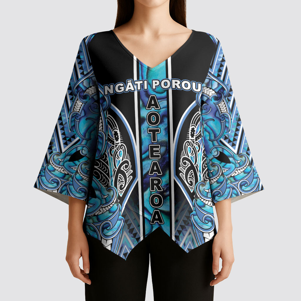 Aotearoa Ngati Porou Kimono Sleeve Blouse Maori Light Blue Tribal Paua Shell Pattern DT05 - Polynesian Pride