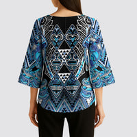 Aotearoa Ngati Porou Kimono Sleeve Blouse Maori Light Blue Tribal Paua Shell Pattern DT05 - Polynesian Pride