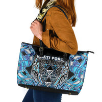 Aotearoa Ngati Porou Leather Tote Bag Maori Light Blue Tribal Paua Shell Pattern DT05 Blue - Polynesian Pride
