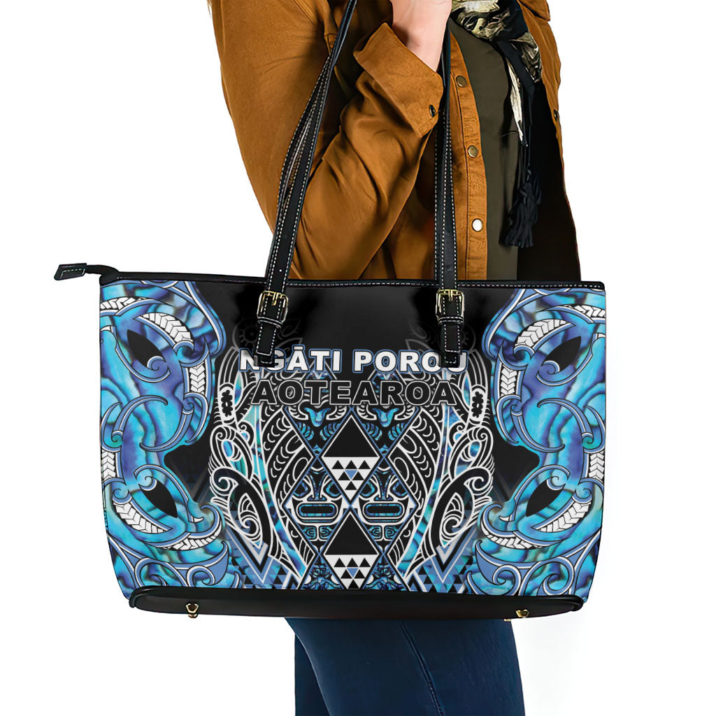 Aotearoa Ngati Porou Leather Tote Bag Maori Light Blue Tribal Paua Shell Pattern DT05 - Polynesian Pride