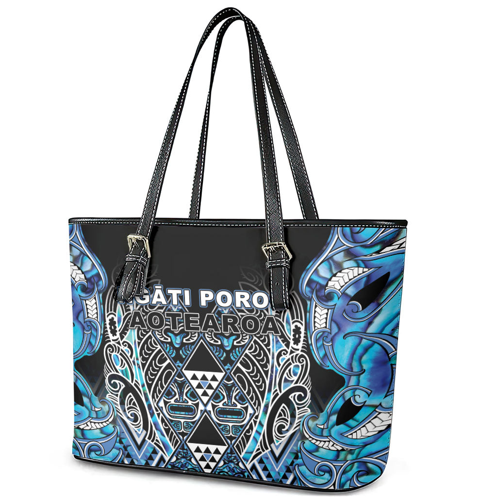 Aotearoa Ngati Porou Leather Tote Bag Maori Light Blue Tribal Paua Shell Pattern DT05 - Polynesian Pride