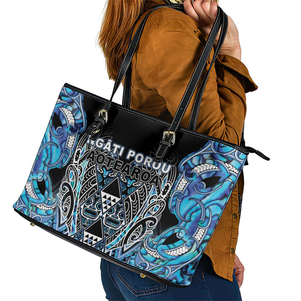 Aotearoa Ngati Porou Leather Tote Bag Maori Light Blue Tribal Paua Shell Pattern DT05 - Polynesian Pride