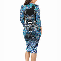 Aotearoa Ngati Porou Long Sleeve Bodycon Dress Maori Light Blue Tribal Paua Shell Pattern DT05 - Polynesian Pride