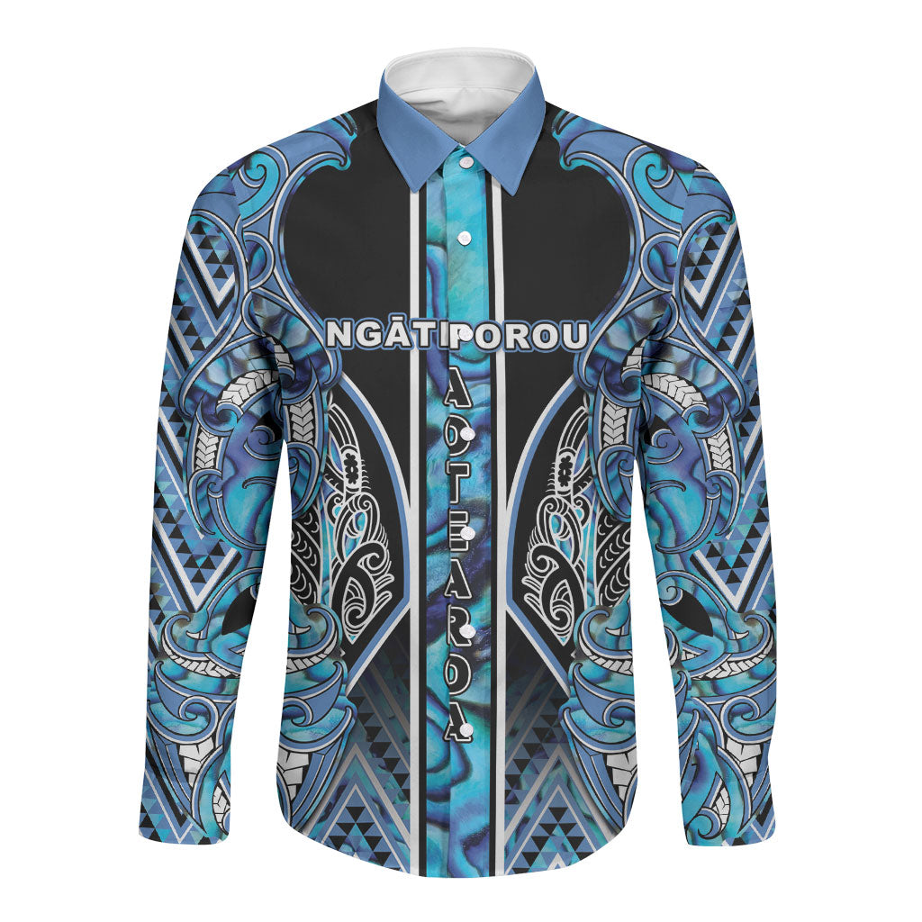Aotearoa Ngati Porou Long Sleeve Button Shirt Maori Light Blue Tribal Paua Shell Pattern DT05 Unisex Blue - Polynesian Pride