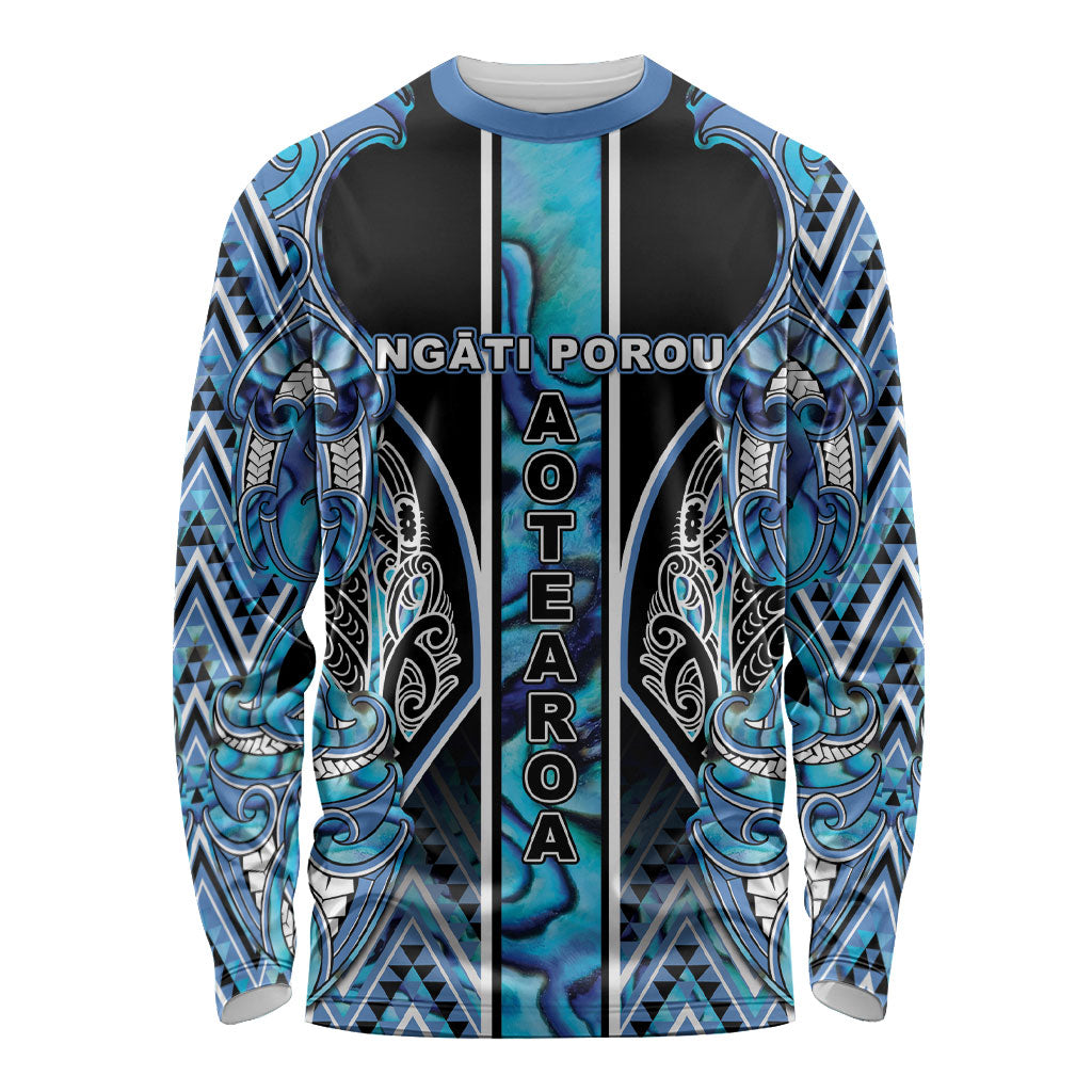 Aotearoa Ngati Porou Long Sleeve Shirt Maori Light Blue Tribal Paua Shell Pattern DT05 Unisex Blue - Polynesian Pride