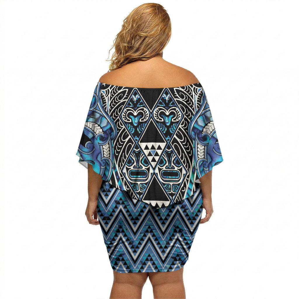 Aotearoa Ngati Porou Off Shoulder Short Dress Maori Light Blue Tribal Paua Shell Pattern DT05 - Polynesian Pride