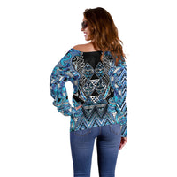 Aotearoa Ngati Porou Off Shoulder Sweater Maori Light Blue Tribal Paua Shell Pattern DT05 - Polynesian Pride