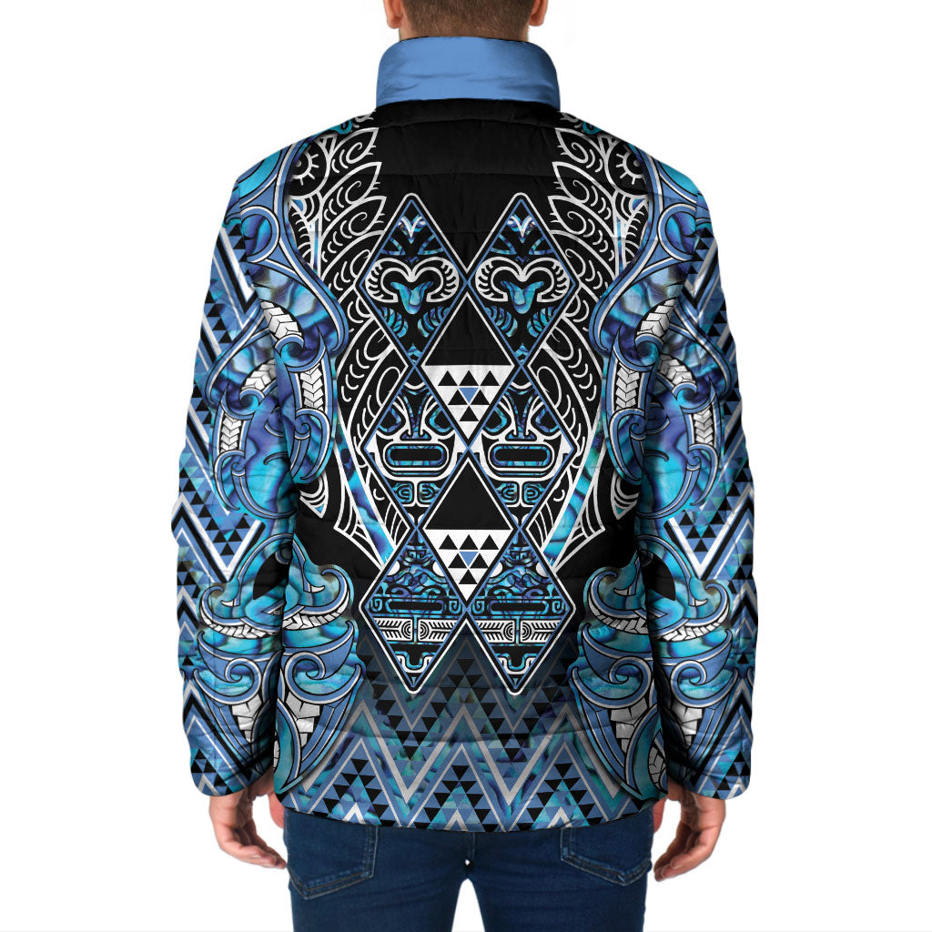 Aotearoa Ngati Porou Padded Jacket Maori Light Blue Tribal Paua Shell Pattern DT05 - Polynesian Pride