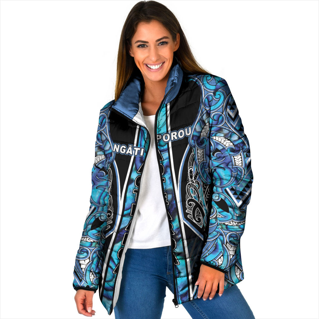 Aotearoa Ngati Porou Padded Jacket Maori Light Blue Tribal Paua Shell Pattern DT05 Women Blue - Polynesian Pride