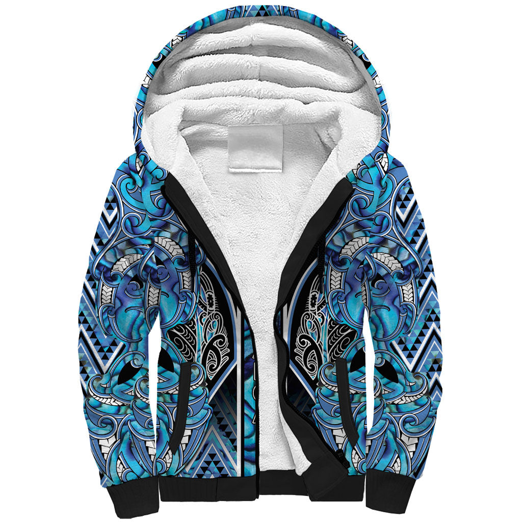 Aotearoa Ngati Porou Sherpa Hoodie Maori Light Blue Tribal Paua Shell Pattern DT05 Unisex Blue - Polynesian Pride