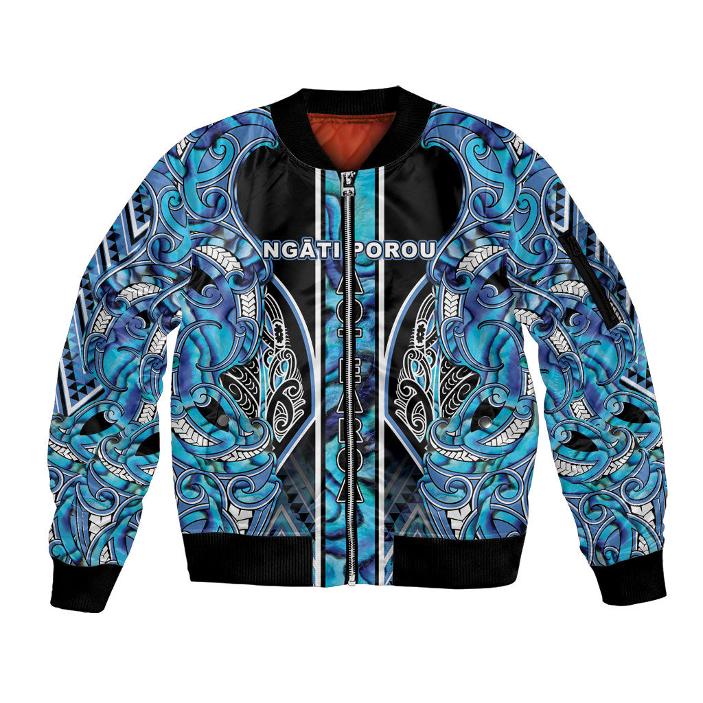 Aotearoa Ngati Porou Sleeve Zip Bomber Jacket Maori Light Blue Tribal Paua Shell Pattern DT05 Unisex Blue - Polynesian Pride