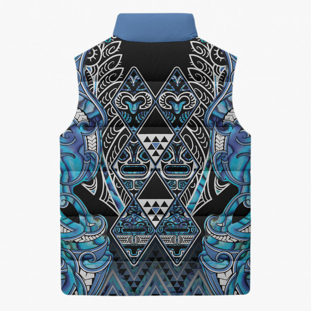 Aotearoa Ngati Porou Sleeveless Puffer Jacket Maori Light Blue Tribal Paua Shell Pattern DT05 - Polynesian Pride