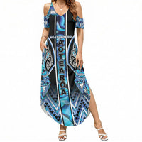 Aotearoa Ngati Porou Summer Maxi Dress Maori Light Blue Tribal Paua Shell Pattern DT05 Women Blue - Polynesian Pride
