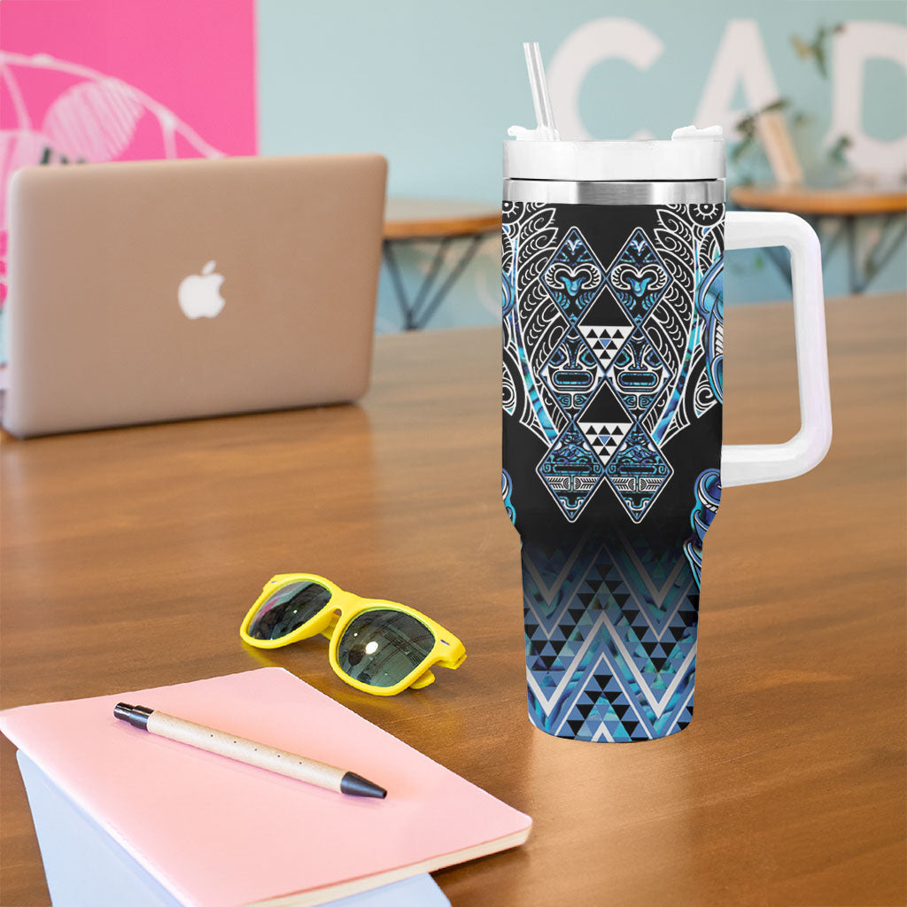 Aotearoa Ngati Porou Tumbler With Handle Maori Light Blue Tribal Paua Shell Pattern DT05 - Polynesian Pride