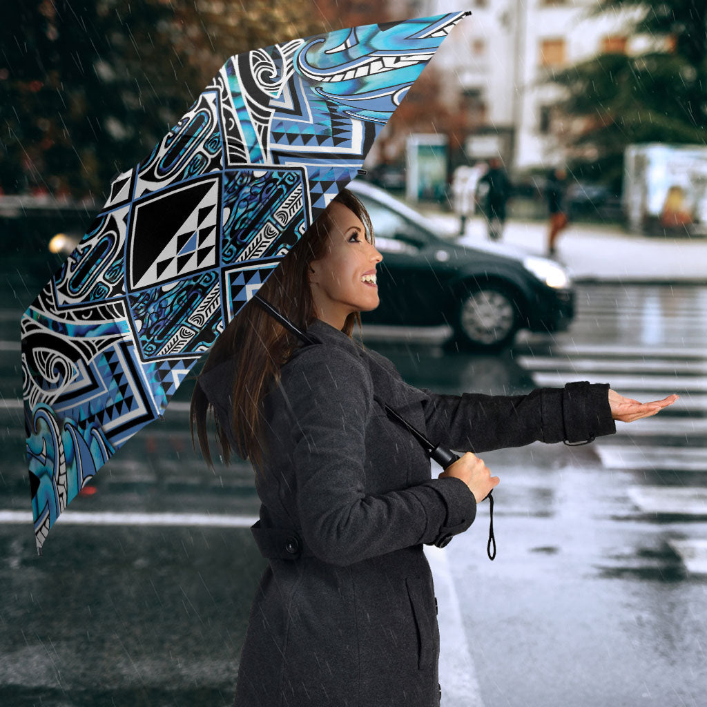 Aotearoa Ngati Porou Umbrella Maori Light Blue Tribal Paua Shell Pattern DT05 - Polynesian Pride