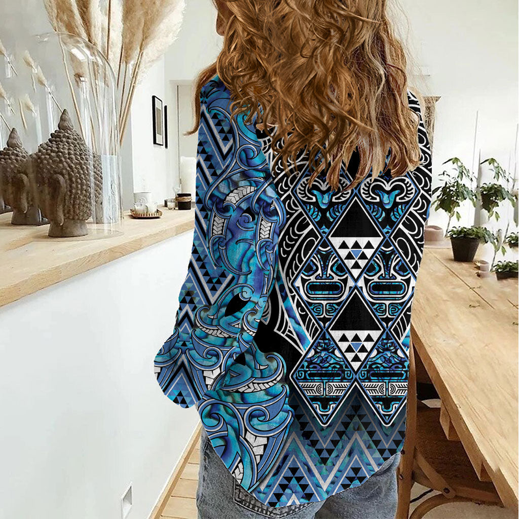 Aotearoa Ngati Porou Women Casual Shirt Maori Light Blue Tribal Paua Shell Pattern DT05 - Polynesian Pride