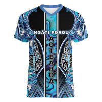 Aotearoa Ngati Porou Women V-Neck T-Shirt Maori Light Blue Tribal Paua Shell Pattern DT05 Female Blue - Polynesian Pride