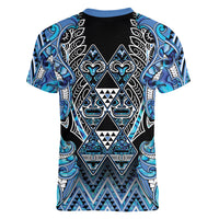 Aotearoa Ngati Porou Women V-Neck T-Shirt Maori Light Blue Tribal Paua Shell Pattern DT05 - Polynesian Pride