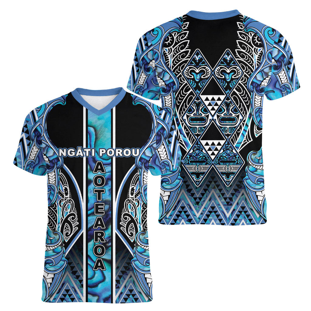 Aotearoa Ngati Porou Women V-Neck T-Shirt Maori Light Blue Tribal Paua Shell Pattern DT05 - Polynesian Pride