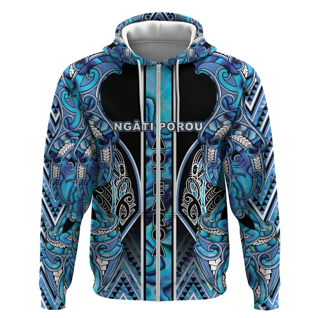 Aotearoa Ngati Porou Zip Hoodie Maori Light Blue Tribal Paua Shell Pattern DT05 Zip Hoodie Blue - Polynesian Pride