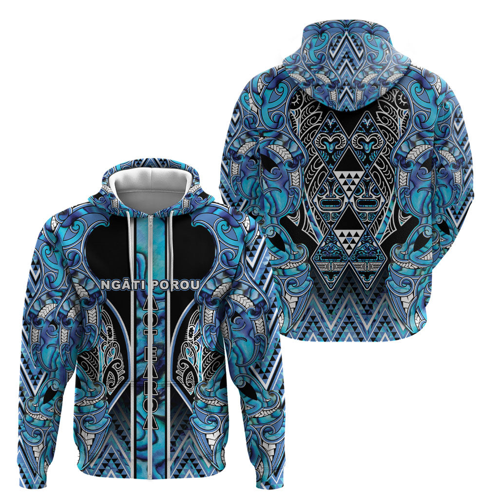 Aotearoa Ngati Porou Zip Hoodie Maori Light Blue Tribal Paua Shell Pattern DT05 - Polynesian Pride