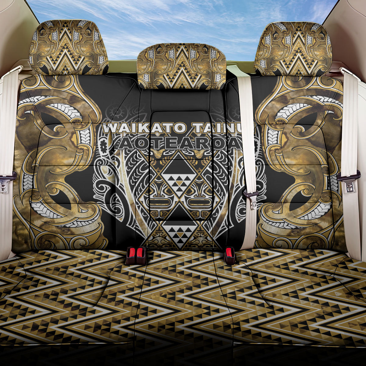 Aotearoa Waikato Tainui Back Car Seat Cover Maori Light Gold Tribal Paua Shell Pattern DT05 One Size Yellow - Polynesian Pride