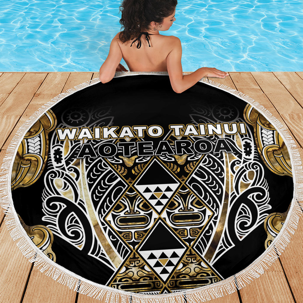 Aotearoa Waikato Tainui Beach Blanket Maori Light Gold Tribal Paua Shell Pattern DT05 - Polynesian Pride