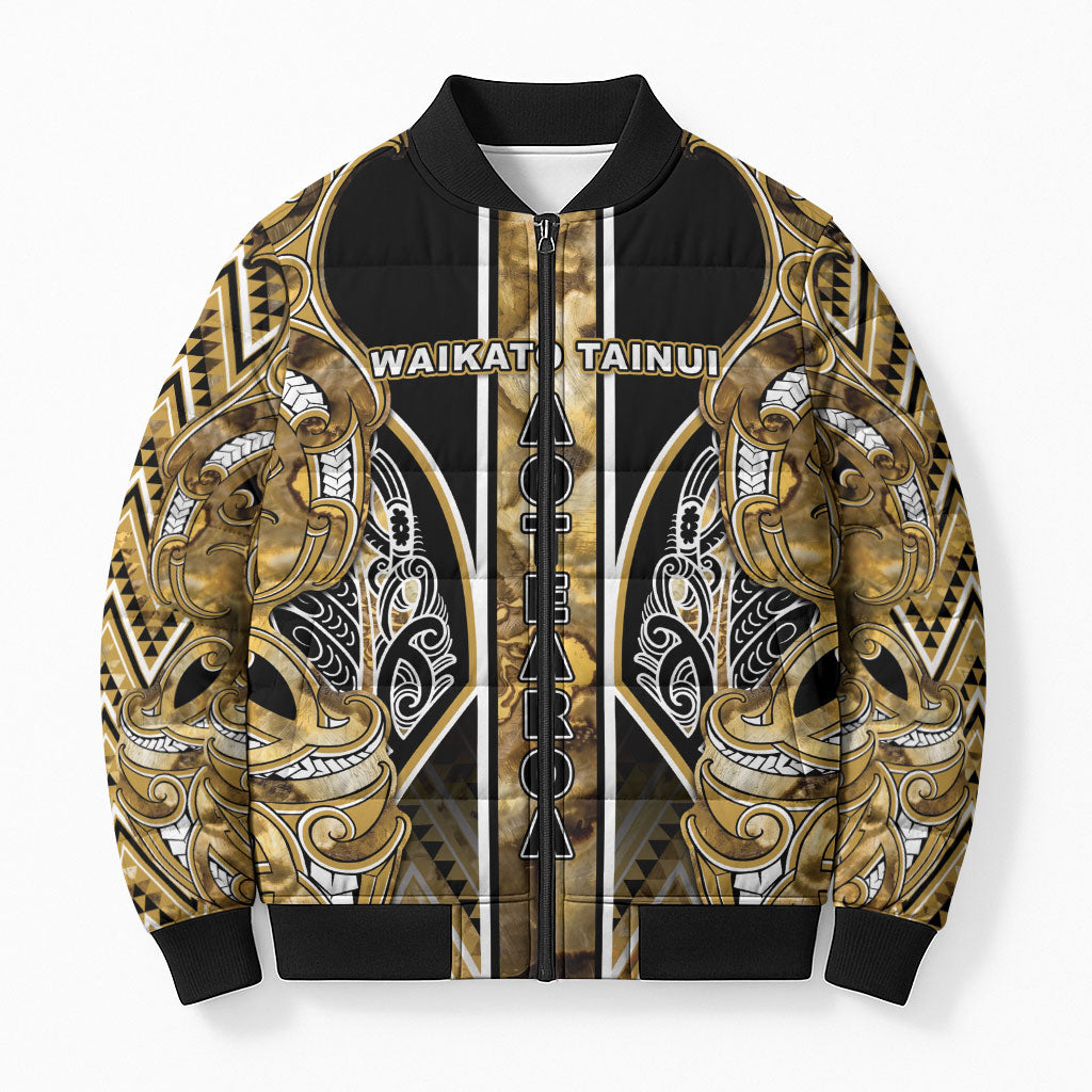 Aotearoa Waikato Tainui Bomber Puffer Jacket Maori Light Gold Tribal Paua Shell Pattern DT05 Unisex Yellow - Polynesian Pride