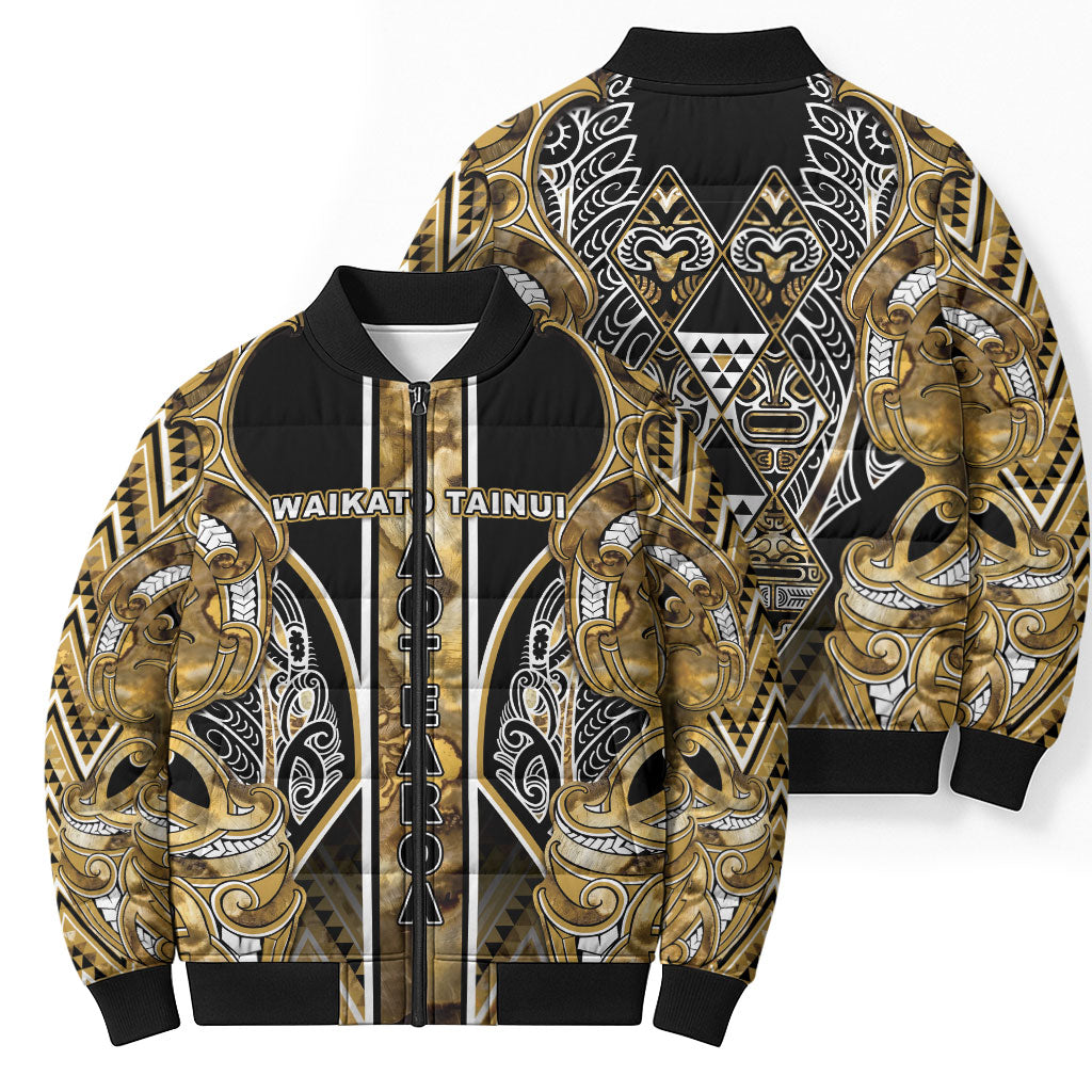 Aotearoa Waikato Tainui Bomber Puffer Jacket Maori Light Gold Tribal Paua Shell Pattern DT05 - Polynesian Pride