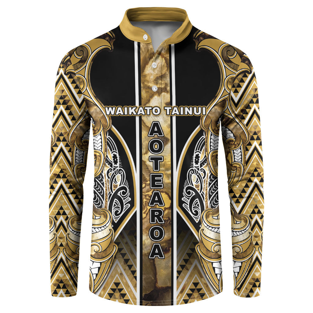 Aotearoa Waikato Tainui Button Sweatshirt Maori Light Gold Tribal Paua Shell Pattern DT05 Yellow - Polynesian Pride
