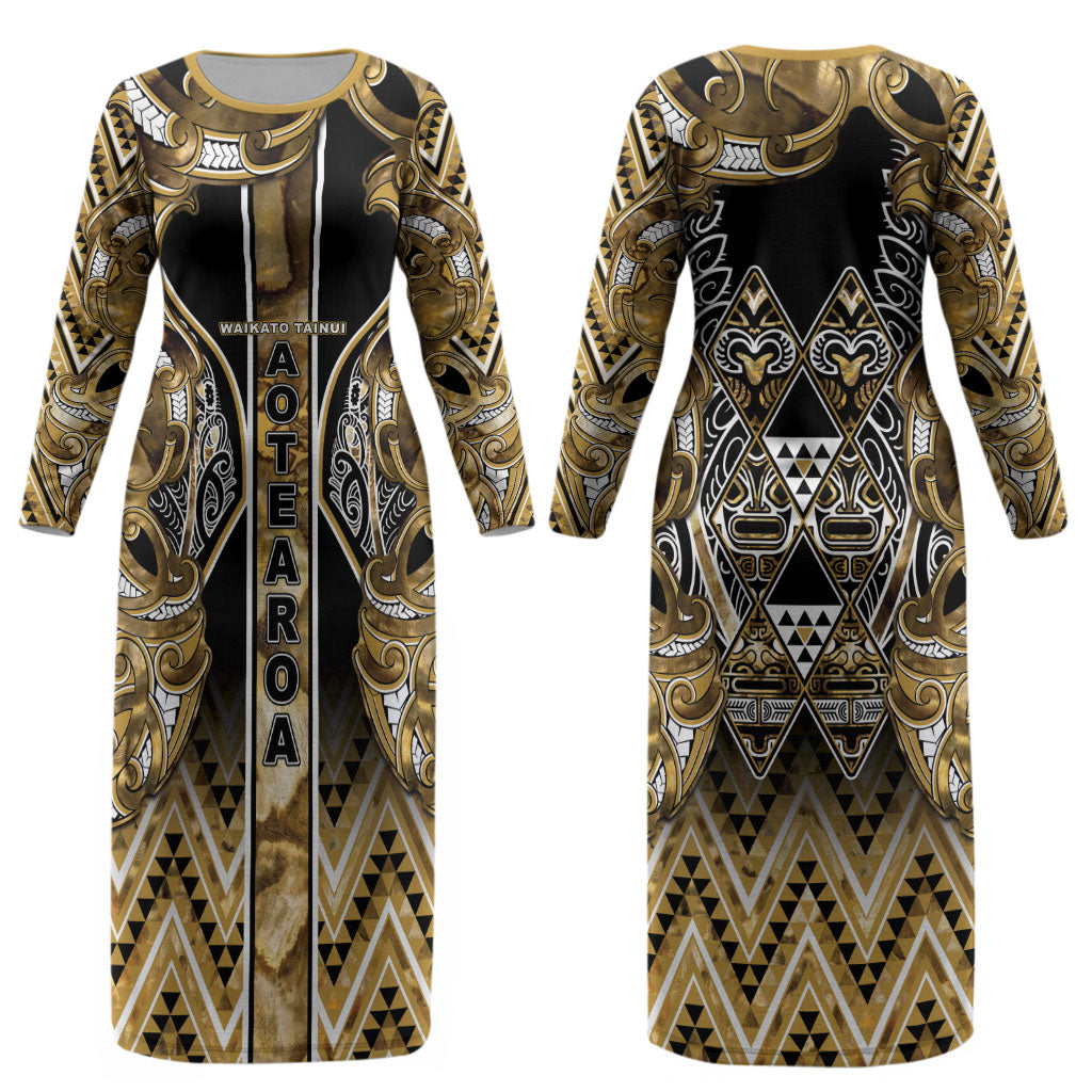 Aotearoa Waikato Tainui Couples Matching Long Sleeve Bodycon Dress and Hawaiian Shirt Maori Light Gold Tribal Paua Shell Pattern DT05 - Polynesian Pride