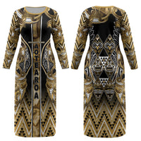 Aotearoa Waikato Tainui Couples Matching Long Sleeve Bodycon Dress and Hawaiian Shirt Maori Light Gold Tribal Paua Shell Pattern DT05 - Polynesian Pride