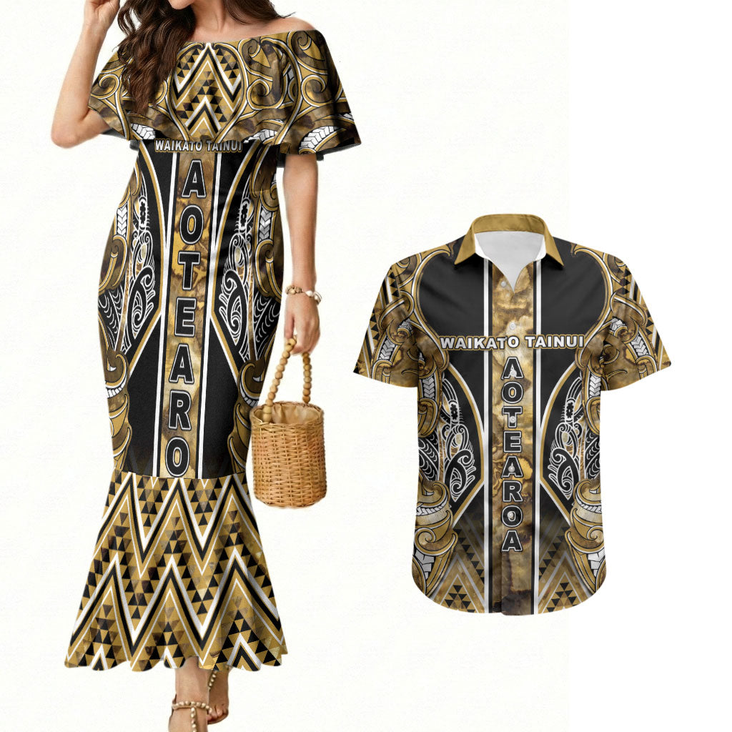 Aotearoa Waikato Tainui Couples Matching Mermaid Dress and Hawaiian Shirt Maori Light Gold Tribal Paua Shell Pattern DT05 Yellow - Polynesian Pride