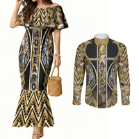 Aotearoa Waikato Tainui Couples Matching Mermaid Dress and Long Sleeve Button Shirt Maori Light Gold Tribal Paua Shell Pattern DT05 Yellow - Polynesian Pride