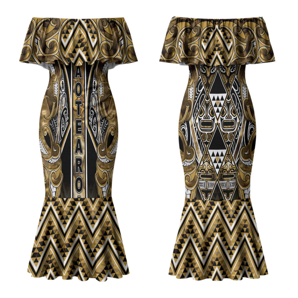 Aotearoa Waikato Tainui Couples Matching Mermaid Dress and Long Sleeve Button Shirt Maori Light Gold Tribal Paua Shell Pattern DT05 - Polynesian Pride
