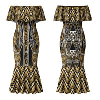 Aotearoa Waikato Tainui Couples Matching Mermaid Dress and Long Sleeve Button Shirt Maori Light Gold Tribal Paua Shell Pattern DT05 - Polynesian Pride