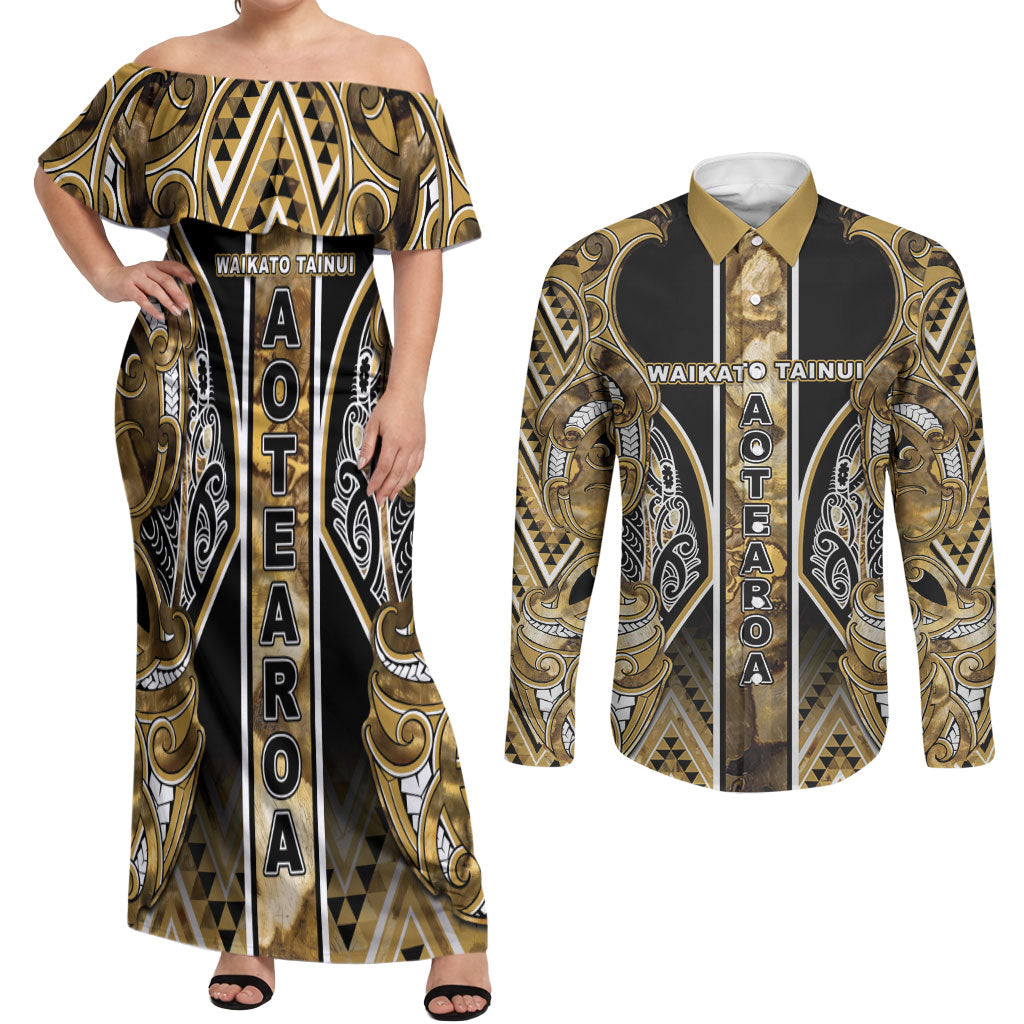 Aotearoa Waikato Tainui Couples Matching Off Shoulder Maxi Dress and Long Sleeve Button Shirt Maori Light Gold Tribal Paua Shell Pattern DT05 Yellow - Polynesian Pride