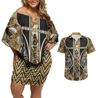 Aotearoa Waikato Tainui Couples Matching Off Shoulder Short Dress and Hawaiian Shirt Maori Light Gold Tribal Paua Shell Pattern DT05 Yellow - Polynesian Pride