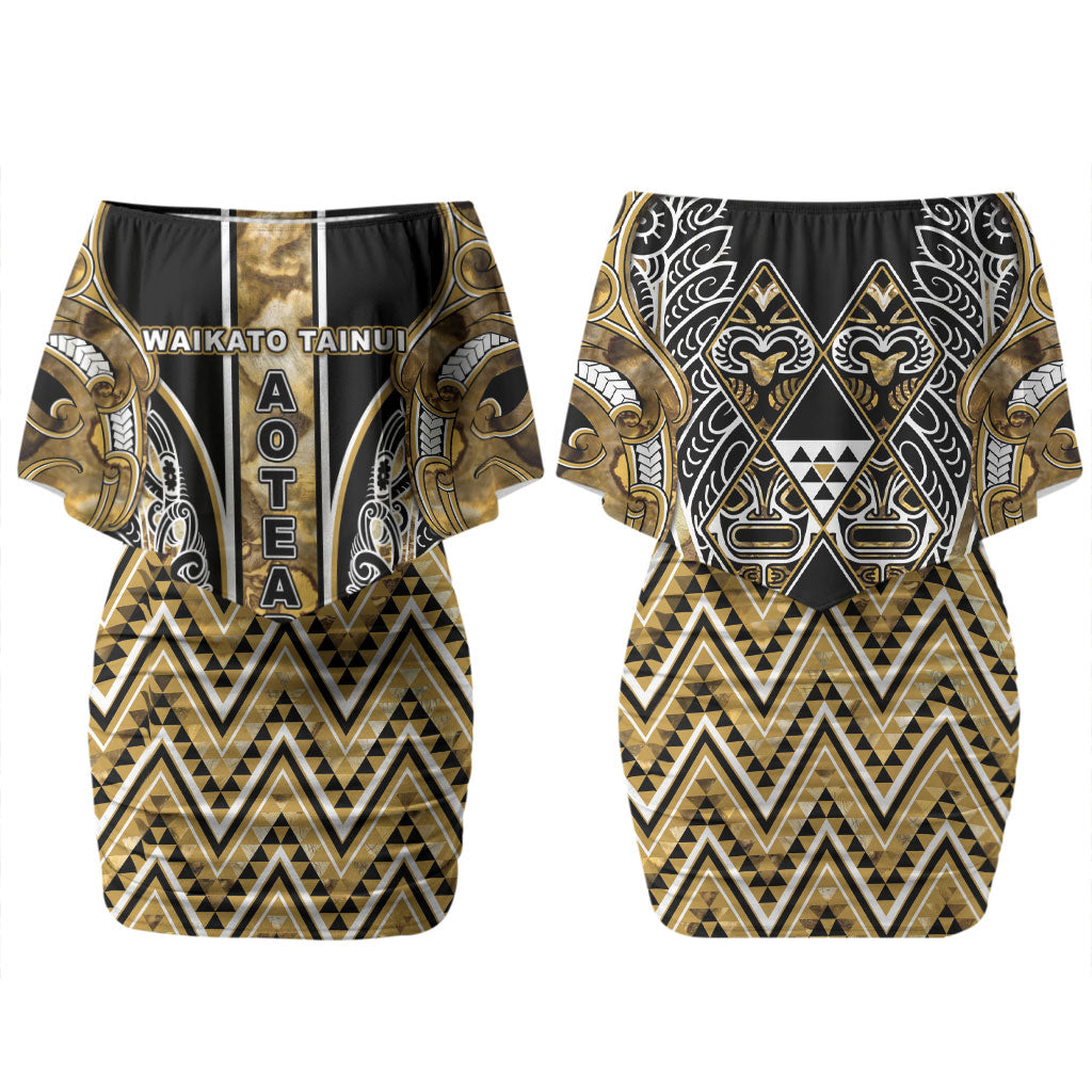 Aotearoa Waikato Tainui Couples Matching Off Shoulder Short Dress and Hawaiian Shirt Maori Light Gold Tribal Paua Shell Pattern DT05 - Polynesian Pride
