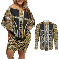 Aotearoa Waikato Tainui Couples Matching Off Shoulder Short Dress and Long Sleeve Button Shirt Maori Light Gold Tribal Paua Shell Pattern DT05 Yellow - Polynesian Pride