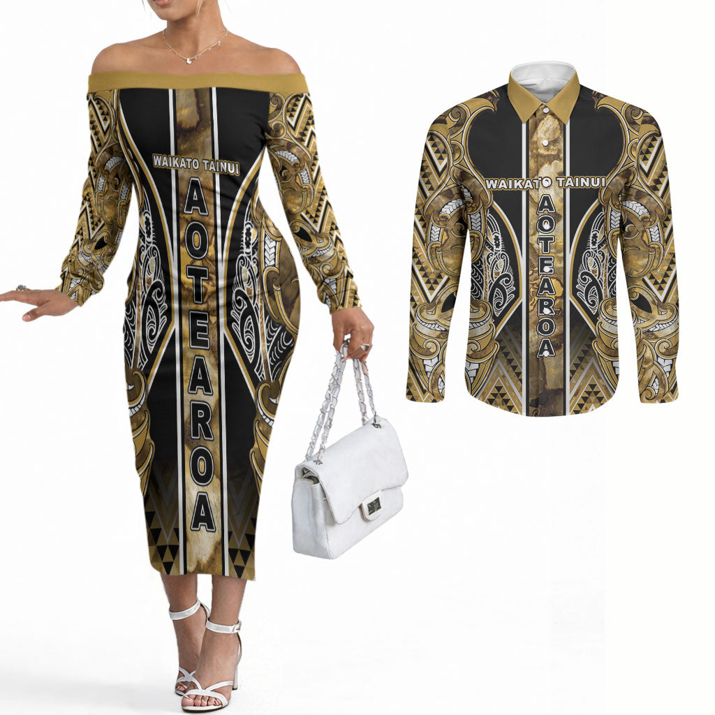 Aotearoa Waikato Tainui Couples Matching Off The Shoulder Long Sleeve Dress and Long Sleeve Button Shirt Maori Light Gold Tribal Paua Shell Pattern DT05 Yellow - Polynesian Pride
