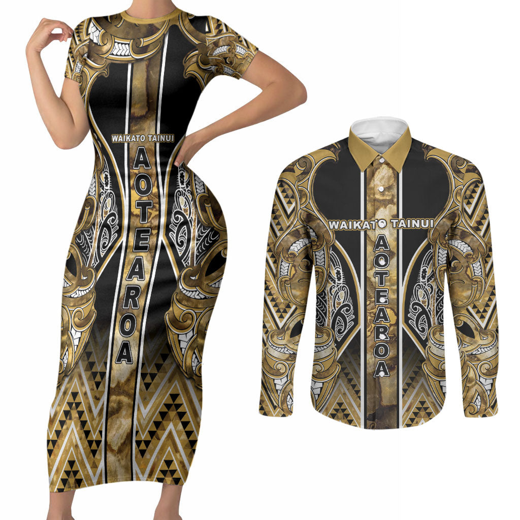Aotearoa Waikato Tainui Couples Matching Short Sleeve Bodycon Dress and Long Sleeve Button Shirt Maori Light Gold Tribal Paua Shell Pattern DT05 Yellow - Polynesian Pride