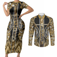 Aotearoa Waikato Tainui Couples Matching Short Sleeve Bodycon Dress and Long Sleeve Button Shirt Maori Light Gold Tribal Paua Shell Pattern DT05 Yellow - Polynesian Pride