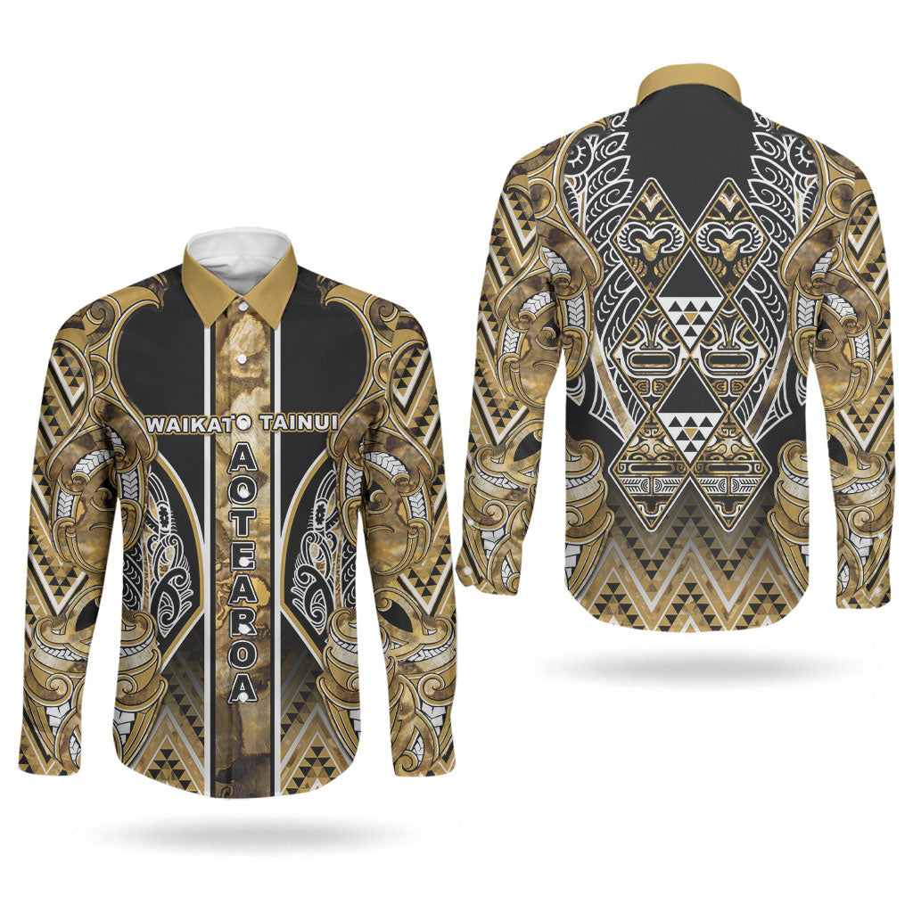 Aotearoa Waikato Tainui Couples Matching Short Sleeve Bodycon Dress and Long Sleeve Button Shirt Maori Light Gold Tribal Paua Shell Pattern DT05 - Polynesian Pride