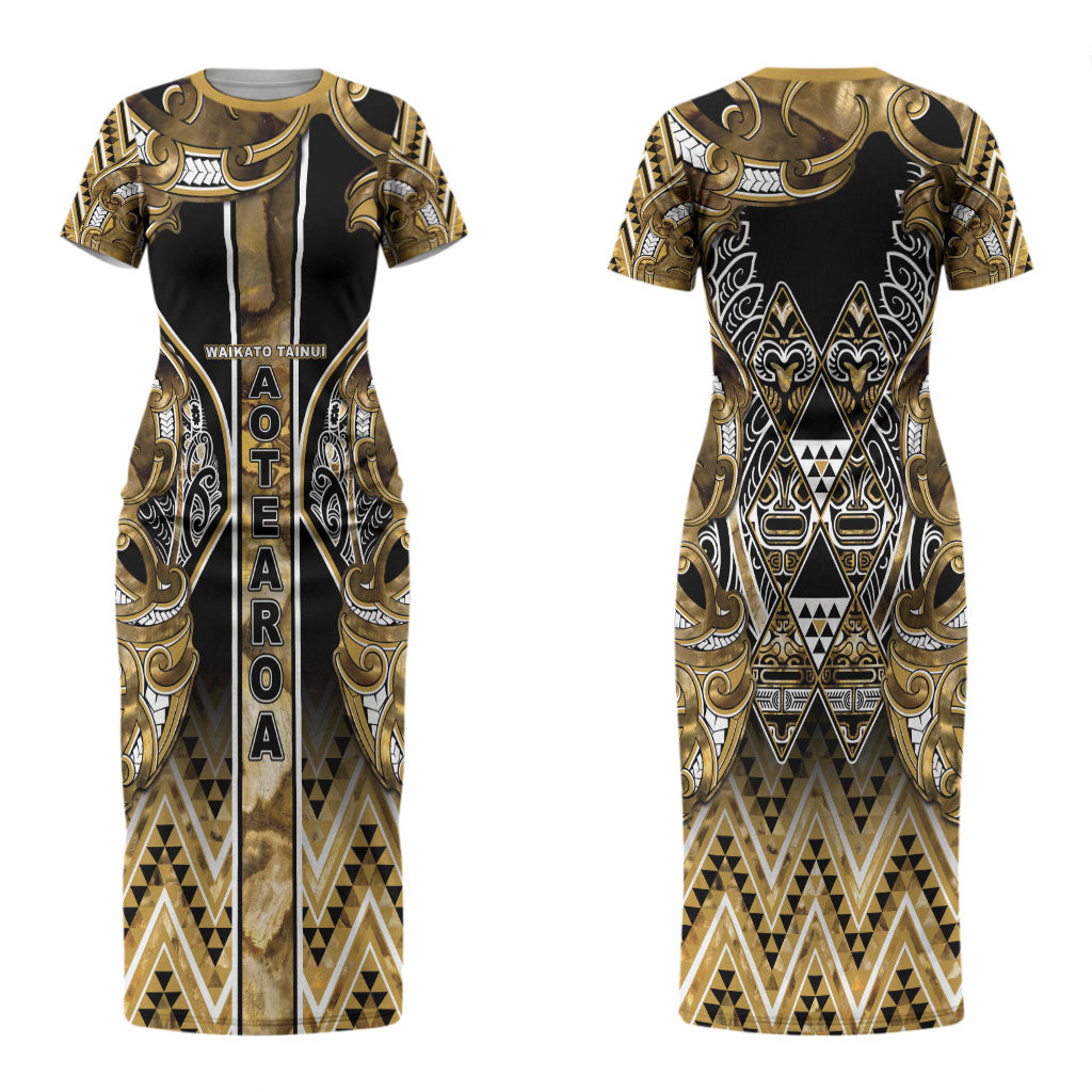 Aotearoa Waikato Tainui Couples Matching Short Sleeve Bodycon Dress and Long Sleeve Button Shirt Maori Light Gold Tribal Paua Shell Pattern DT05 - Polynesian Pride