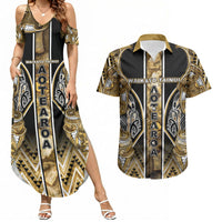 Aotearoa Waikato Tainui Couples Matching Summer Maxi Dress and Hawaiian Shirt Maori Light Gold Tribal Paua Shell Pattern DT05 Yellow - Polynesian Pride