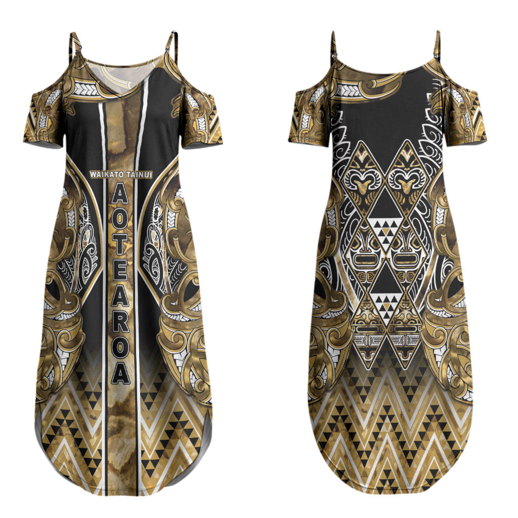 Aotearoa Waikato Tainui Couples Matching Summer Maxi Dress and Hawaiian Shirt Maori Light Gold Tribal Paua Shell Pattern DT05 - Polynesian Pride